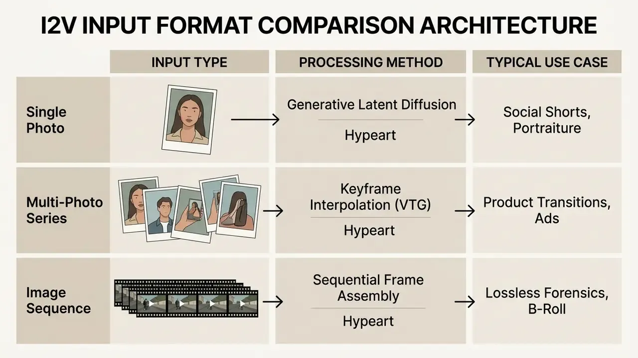 Comparison table detailing input types, processing methods, and use cases for images to video technology