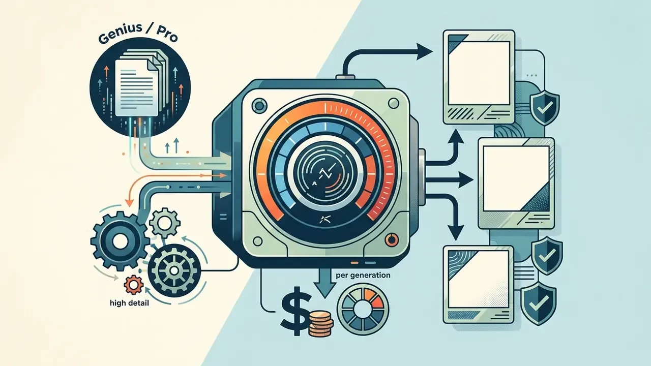 Documents and gears feeding into a processor that outputs images and tracks cost per generation