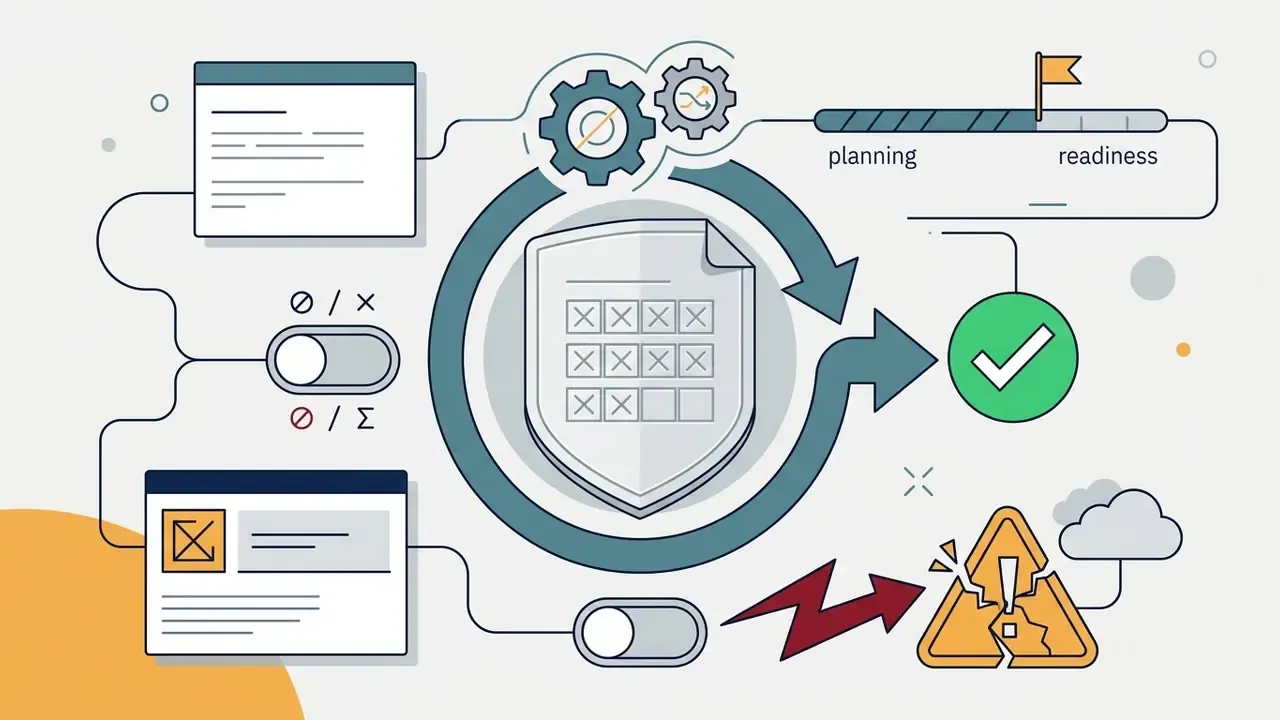 Data inputs flowing through a shield and gear system toward readiness markers or error alerts