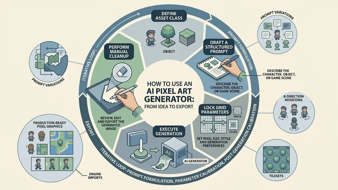 Circular diagram showing the iterative workflow for using an AI pixel art generator to create game assets