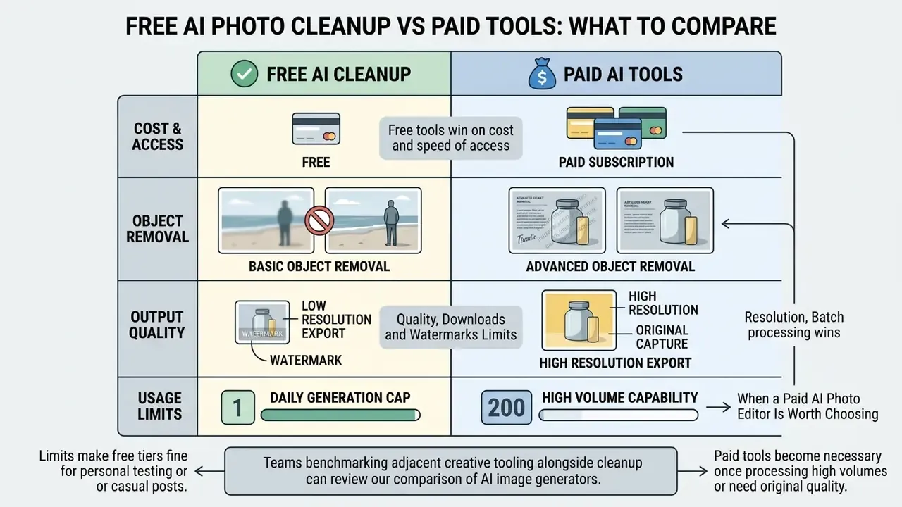 Comparison table contrasting the features, quality, and usage limits of free versus paid photo editors
