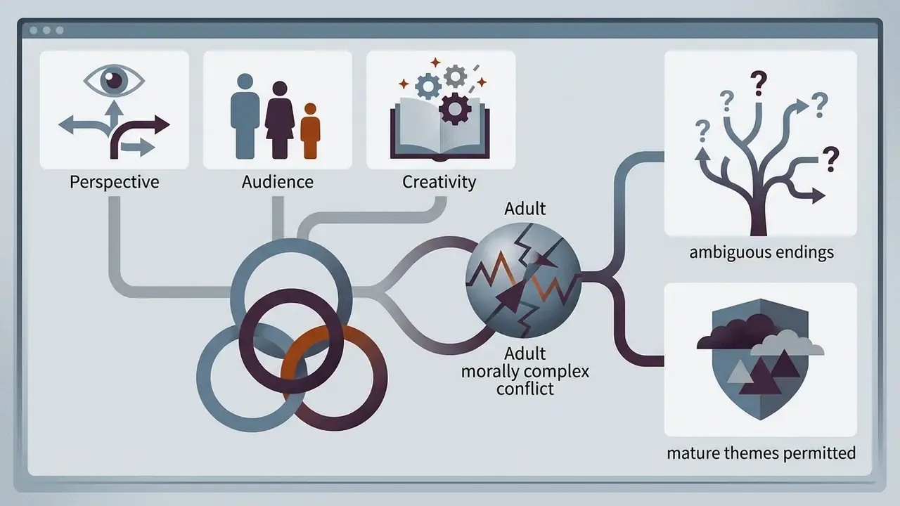 Settings for perspective and audience feeding into a central sphere representing adult narrative themes