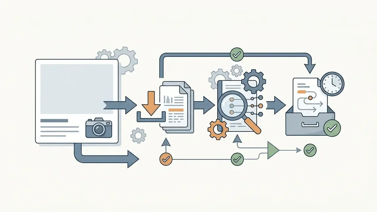 Workflow diagram showing asset download, metadata inspection, and archival in a filing cabinet