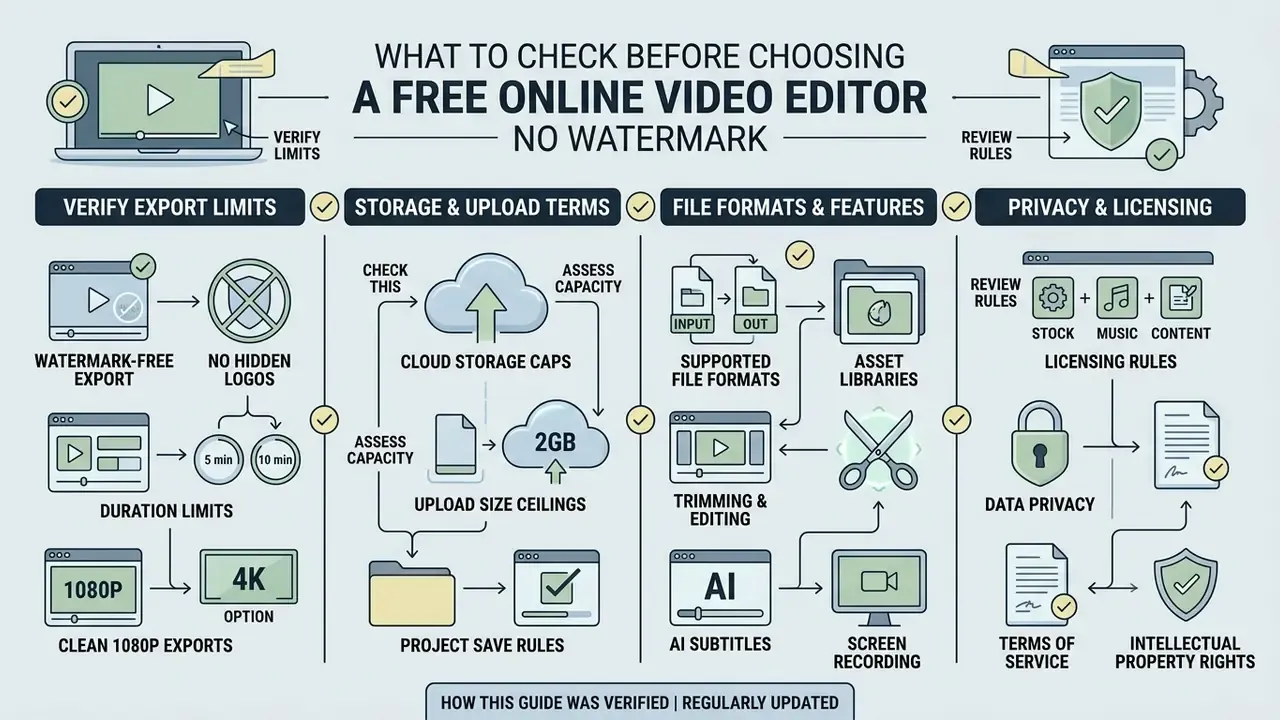 Infographic outlining key criteria for evaluating a free online video editor without watermarks