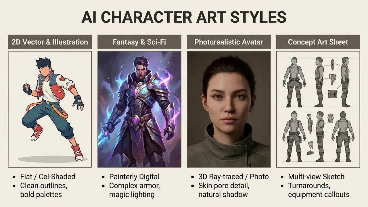 Comparison grid showing four visual categories with example character designs and descriptive attributes