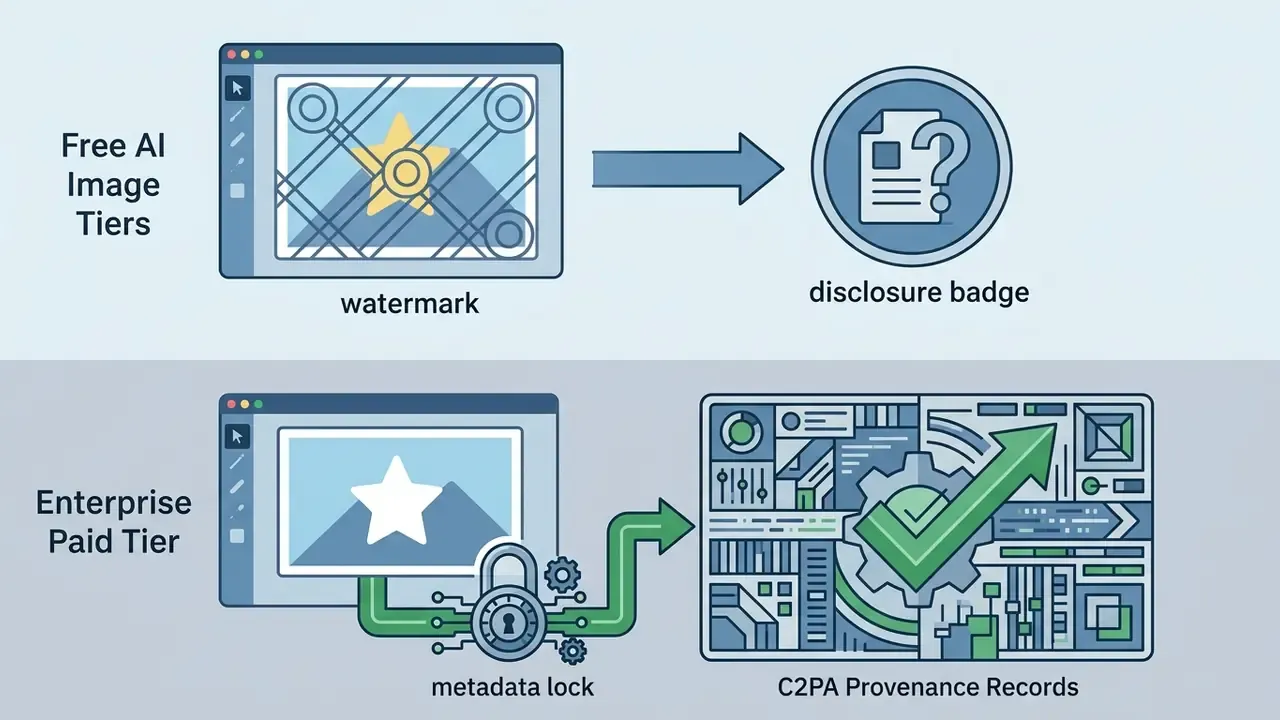Comparison showing how free AI tiers add watermarks versus paid tiers creating clean provenance records