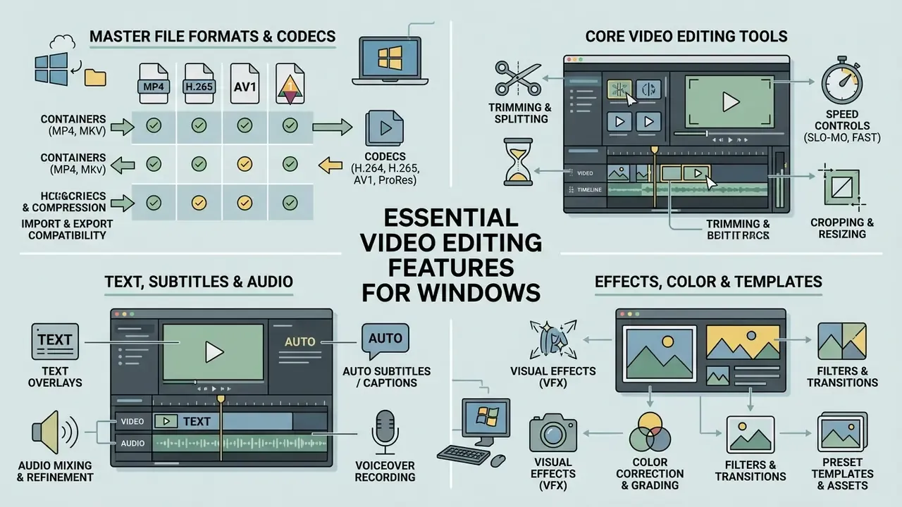 Infographic summarizing core video editing features like file formats, tools, and effects for Windows