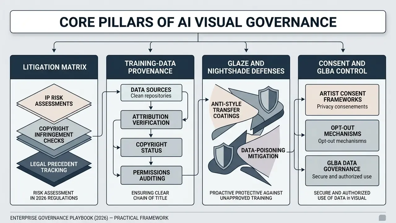 Flowchart detailing four pillars of AI visual governance including litigation, provenance, and data control