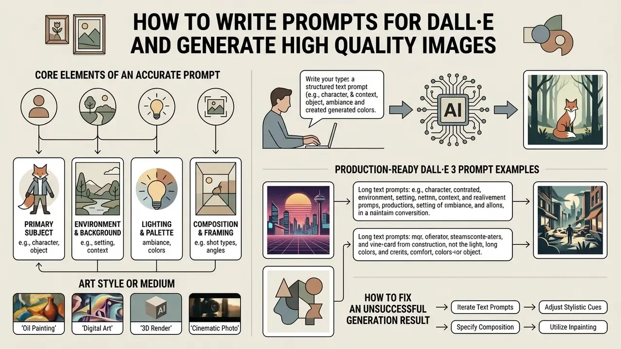 Infographic detailing prompt components like subject, lighting, and style for DALL-E image generation