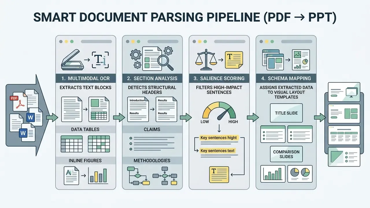 Linear workflow diagram detailing the transformation of documents into structured presentation slides