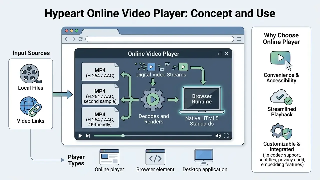 Infographic showing how an online video player decodes MP4 streams within a browser runtime environment