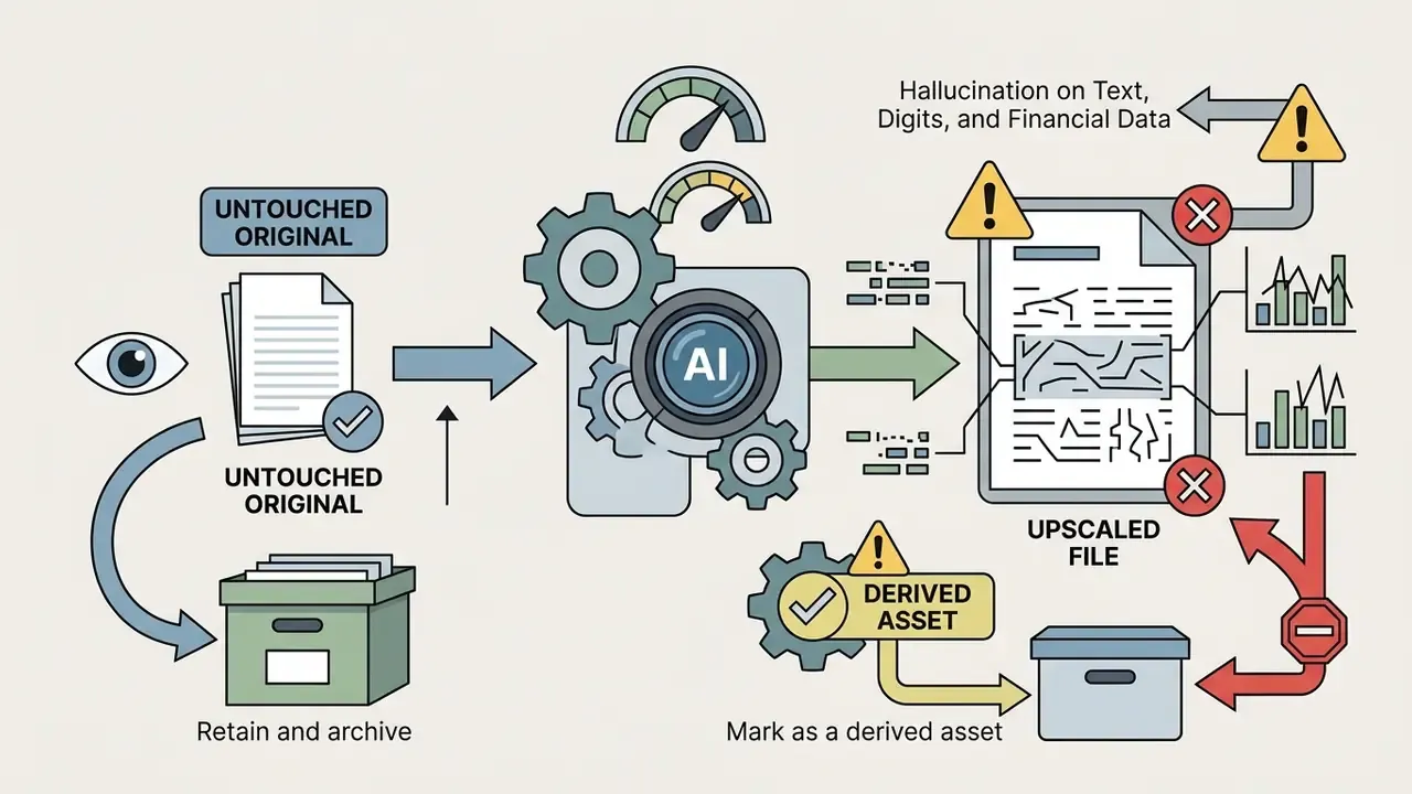 Workflow showing the archival of original documents versus the risk of AI hallucination in upscaled files
