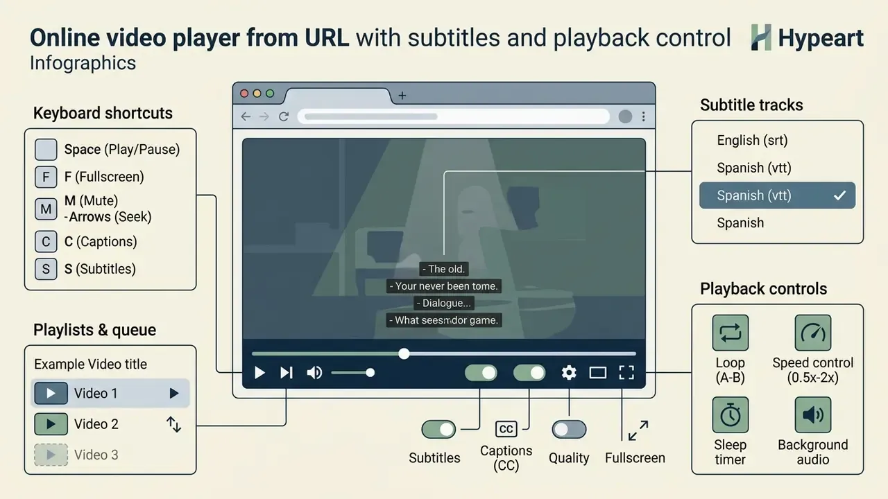 Browser window showing video playback features including keyboard shortcuts, subtitle tracks, and controls