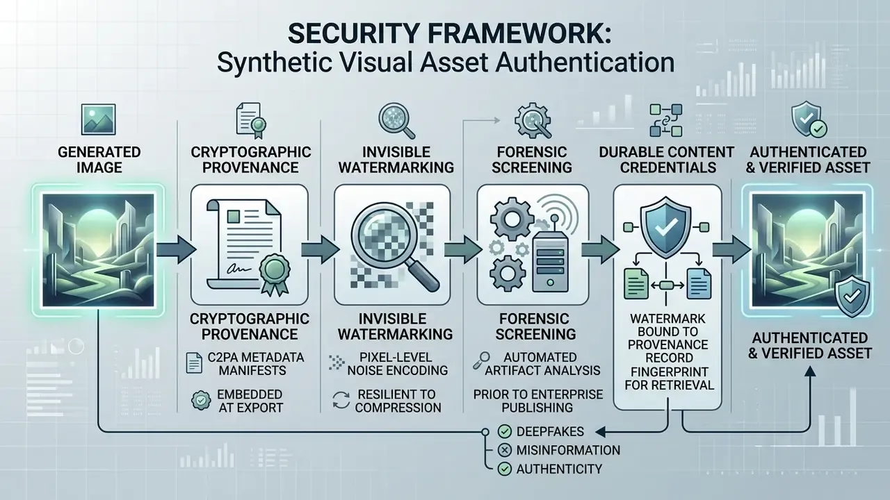Step-by-step process for authenticating synthetic images through provenance, watermarking, and screening
