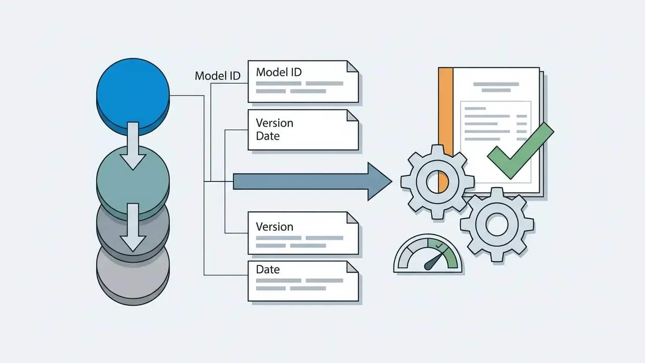 Sequential process linking model identifiers and version dates to a documented audit report with gears
