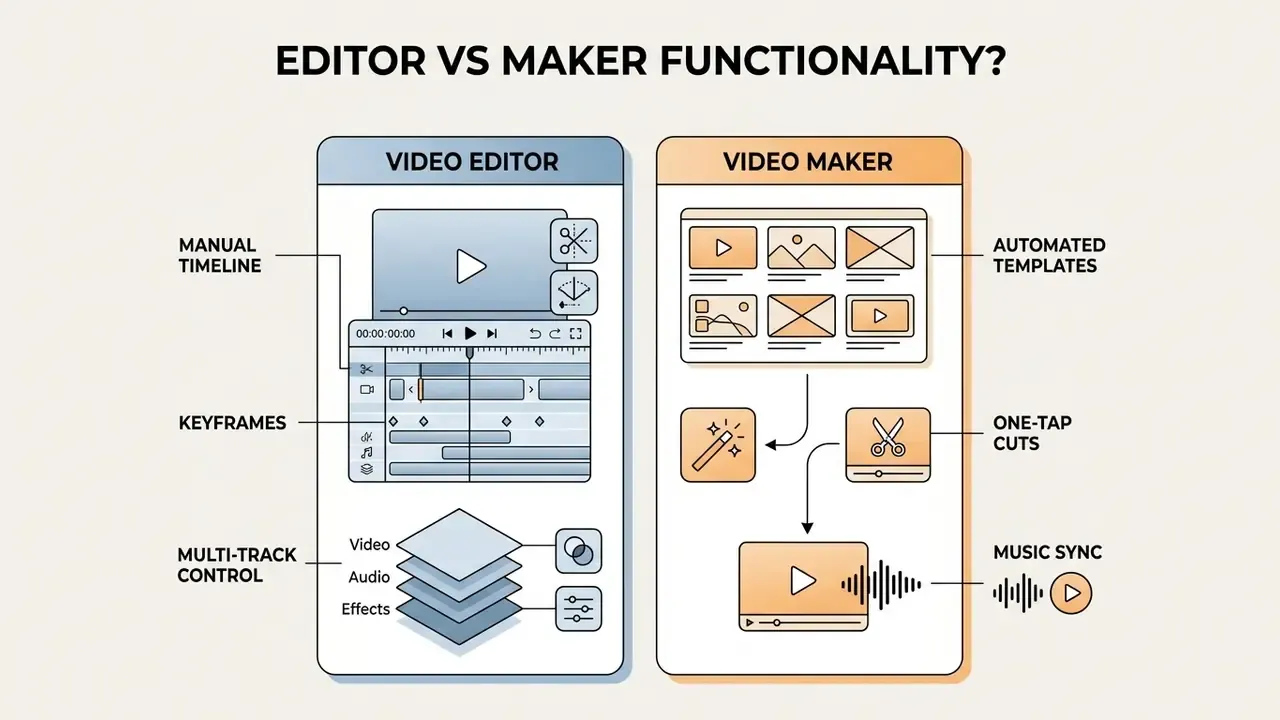 Side by side breakdown of manual video editor timeline features versus automated video maker tools