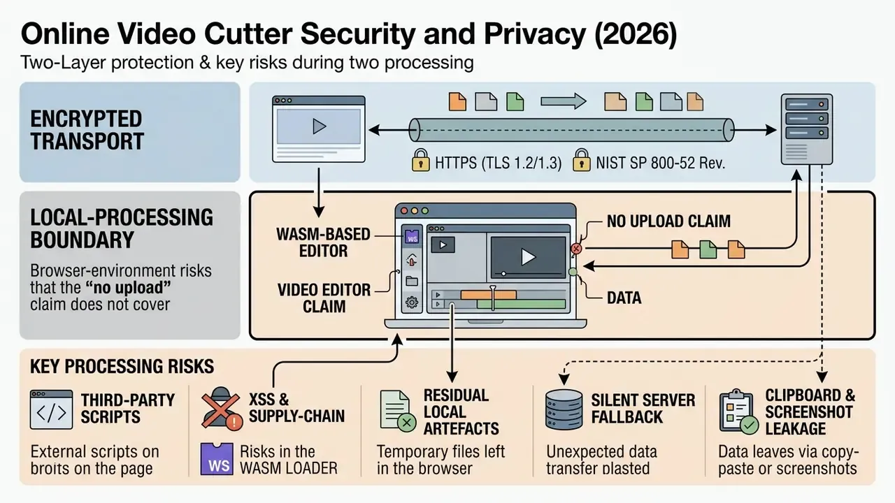 Diagram showing encrypted transport layers and browser processing risks for an online video cutter