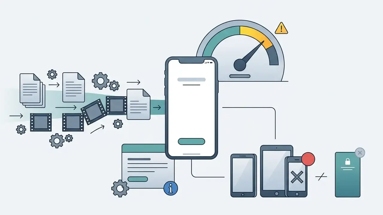 Files moving through gears to a phone near a gauge and devices showing an error cross mark