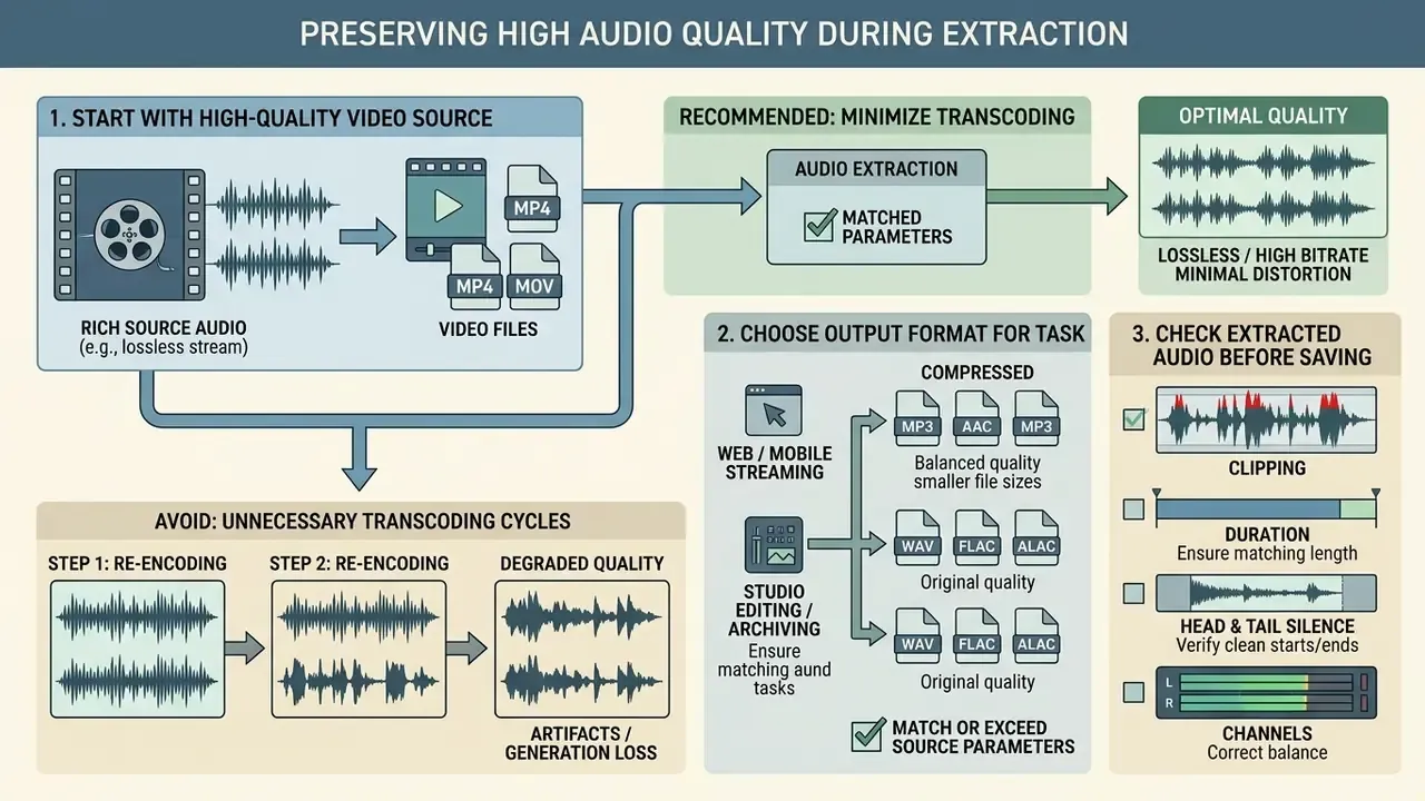 Diagram detailing steps to maintain audio fidelity by minimizing transcoding and verifying output quality