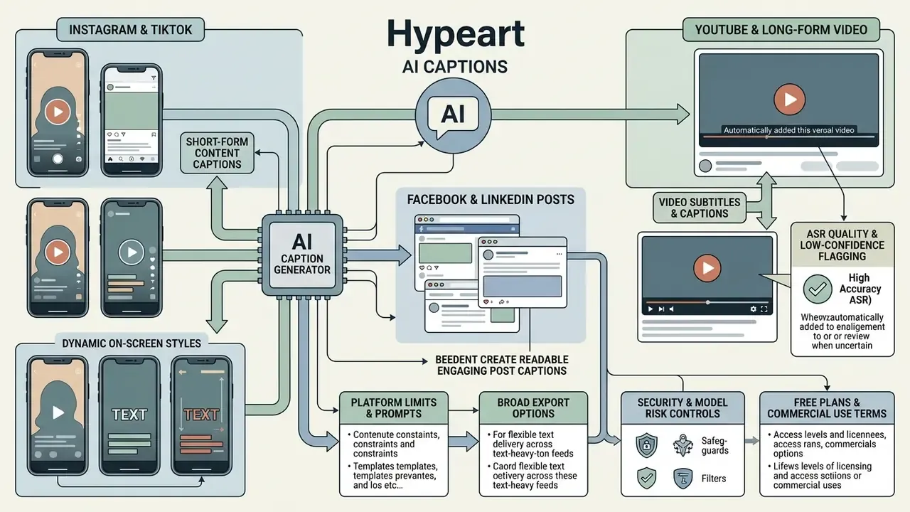Infographic showing how automated tools create captions for social media, video platforms, and text posts