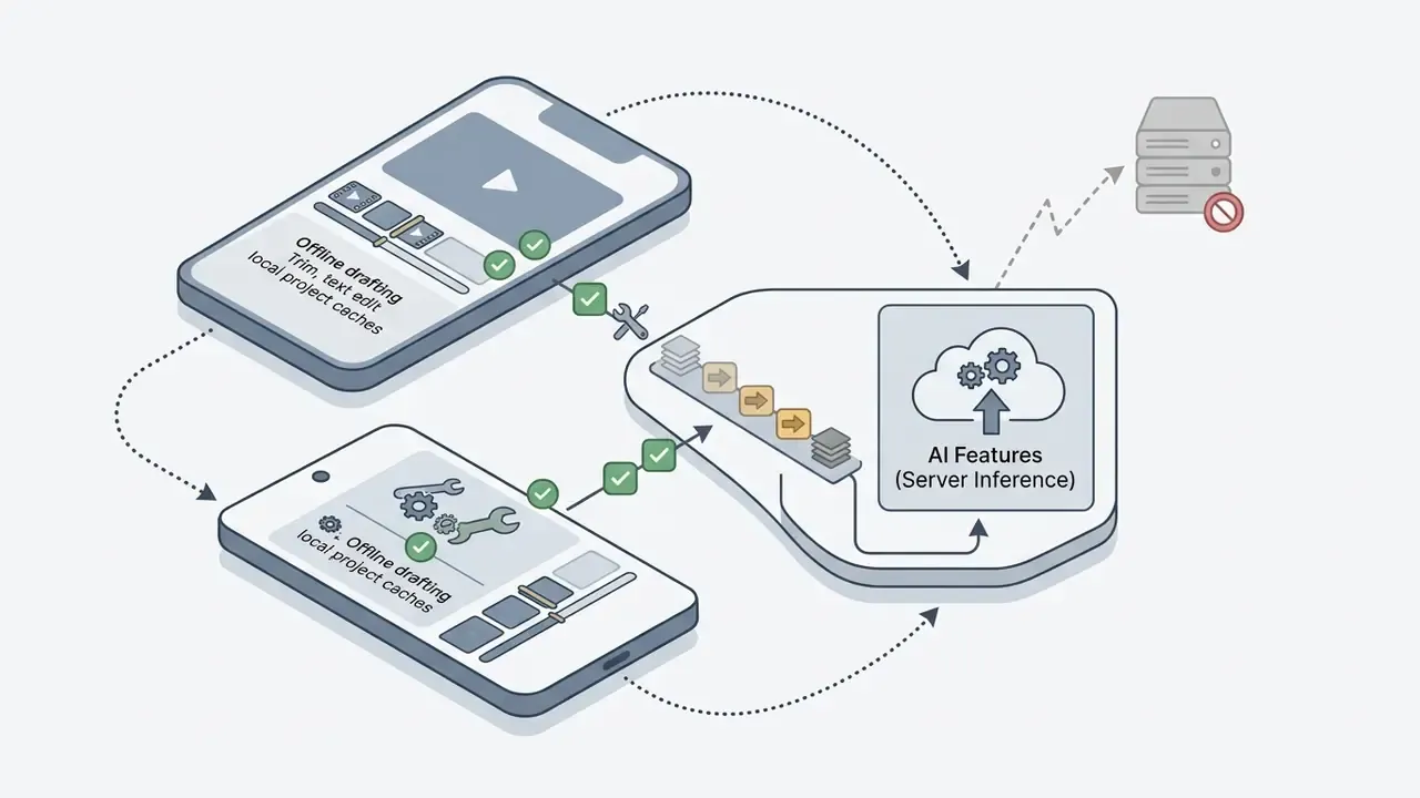 Mobile devices performing local edits while queuing AI tasks for later server synchronization