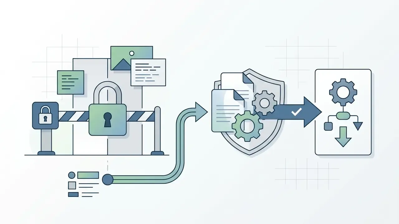Barrier with a padlock leading to a shield and gears processing data into a downloadable file format