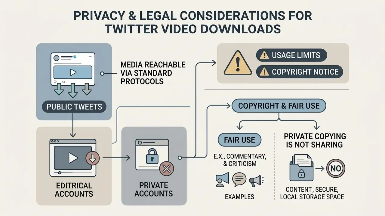 Infographic outlining legal and privacy considerations for downloading media from public X accounts