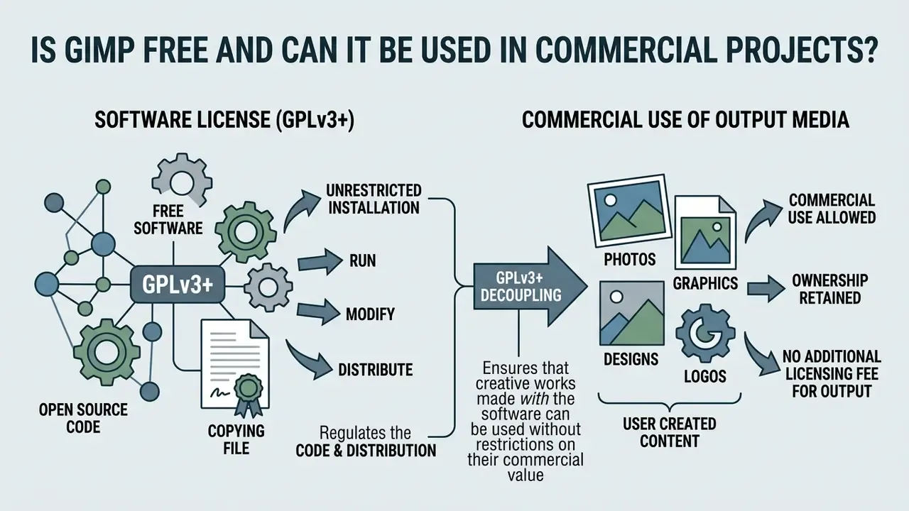 Infographic explaining GPLv3+ software licensing and the commercial rights of user-created output media