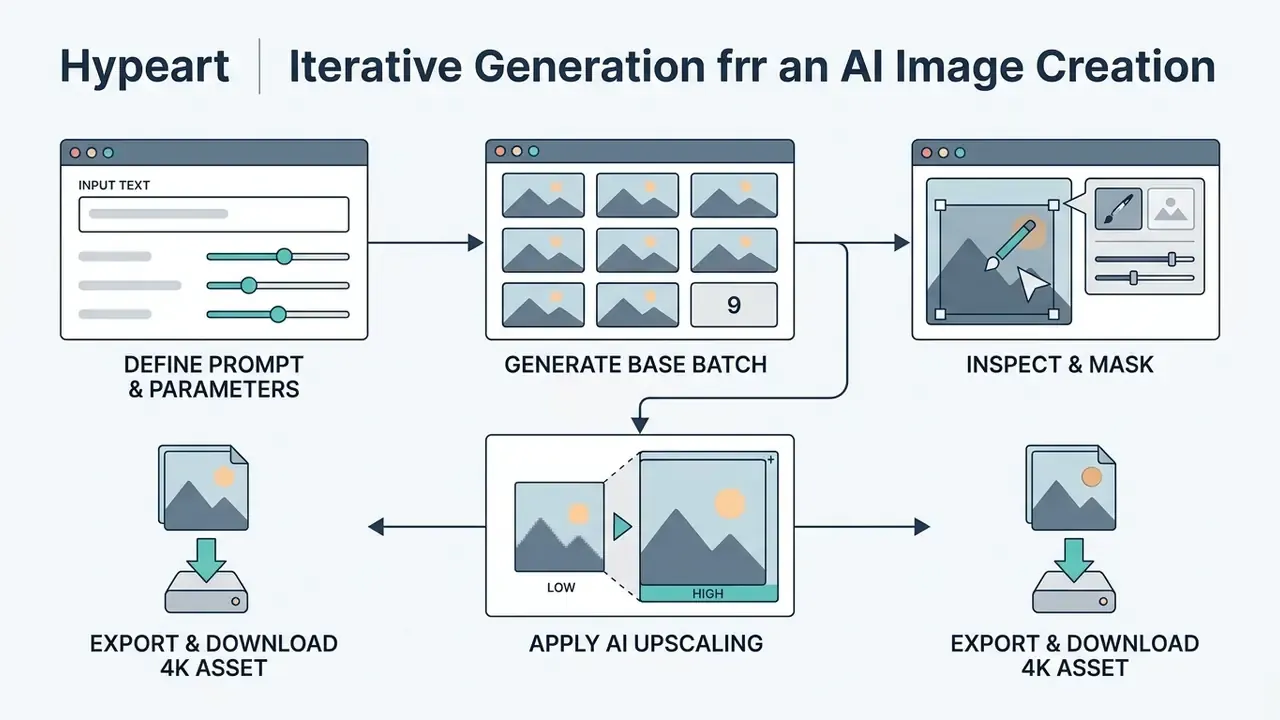 Process diagram showing steps from prompt input and batch generation to masking and AI upscaling