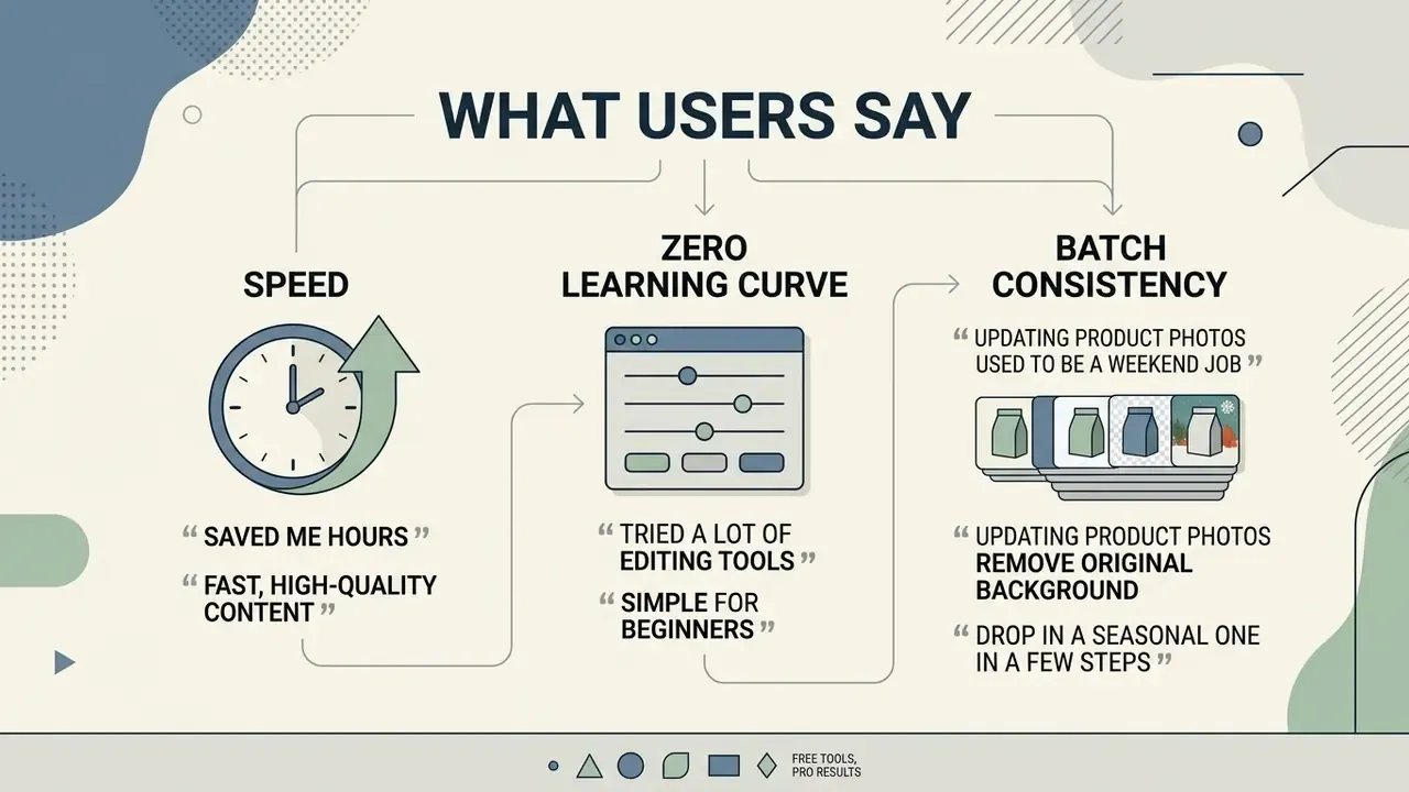 Infographic highlighting user feedback on speed, ease of use, and batch consistency in photo editing