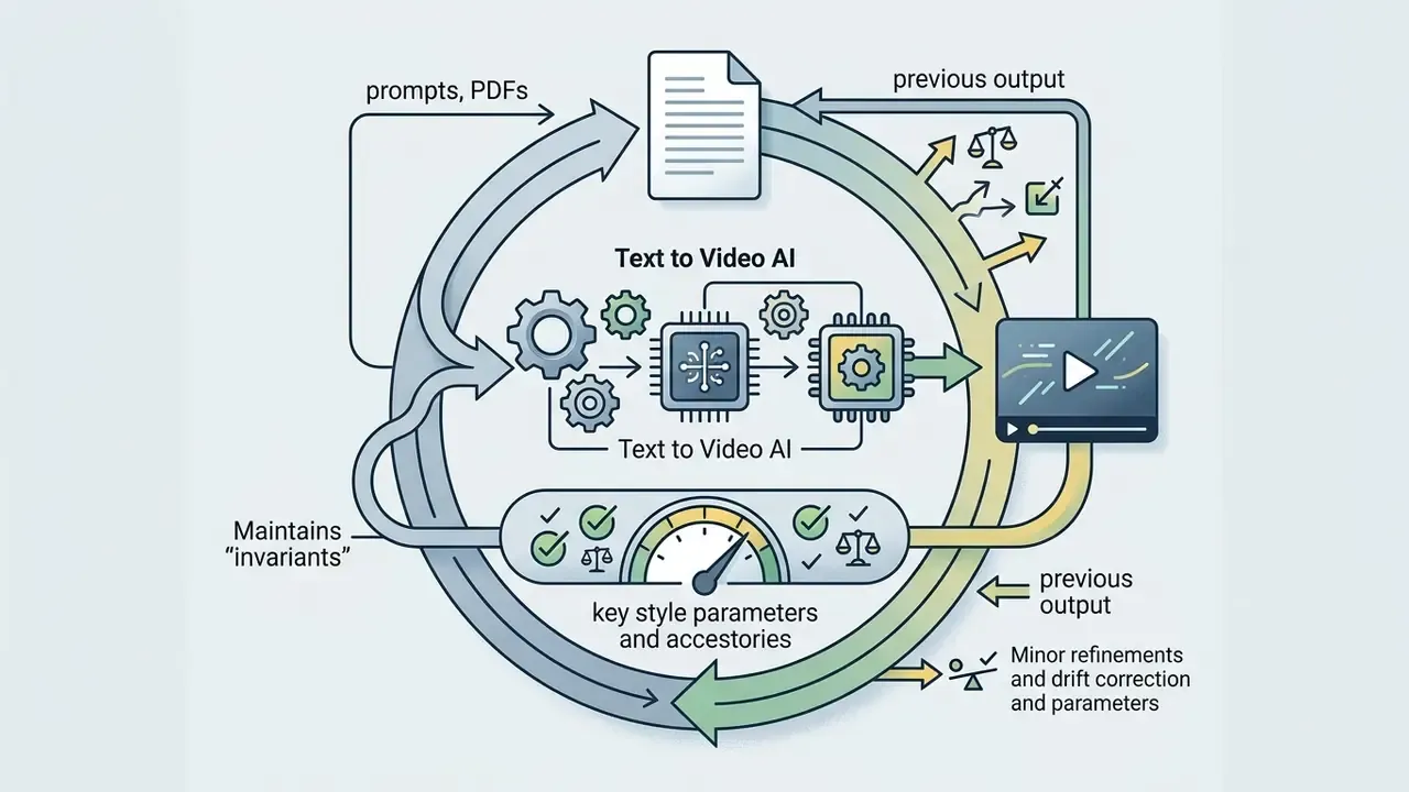 Circular workflow showing prompts and previous output feeding into a central processor for video refinement
