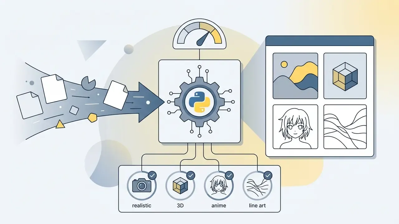 Python gear icon processing data inputs into four distinct artistic style presets and image outputs