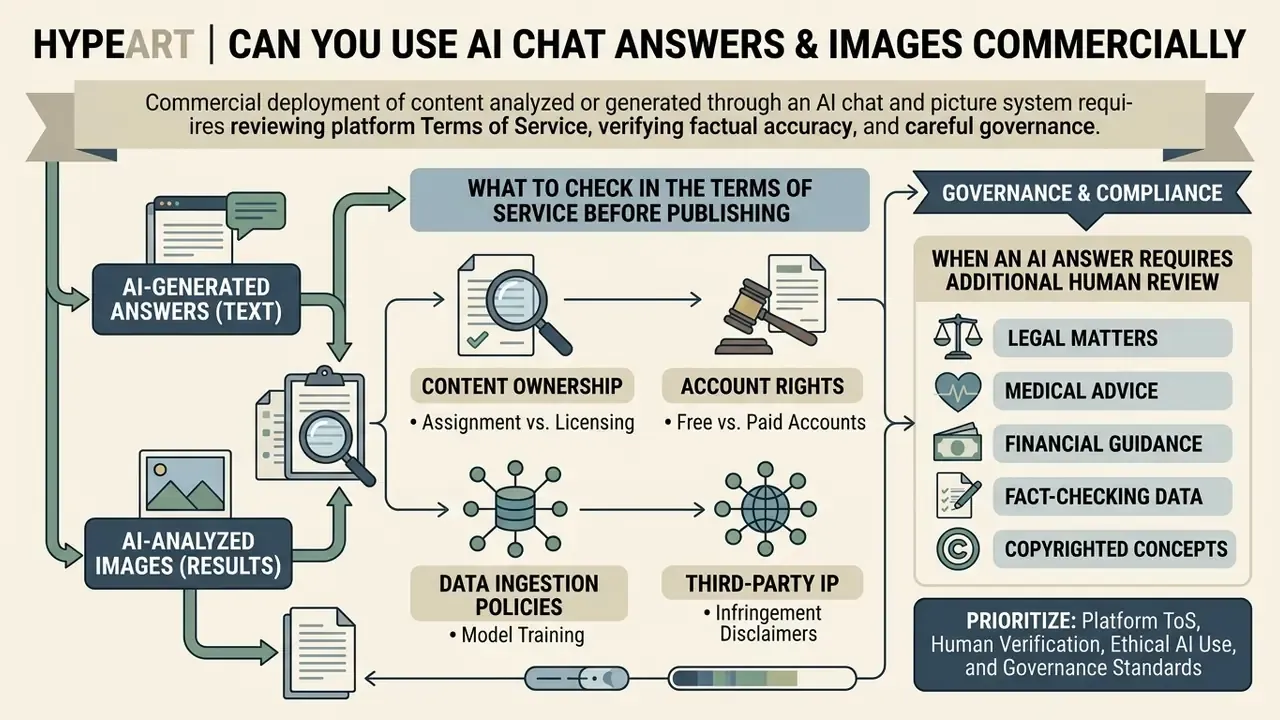 Infographic outlining legal and governance steps for the commercial use of AI generated content and analysis