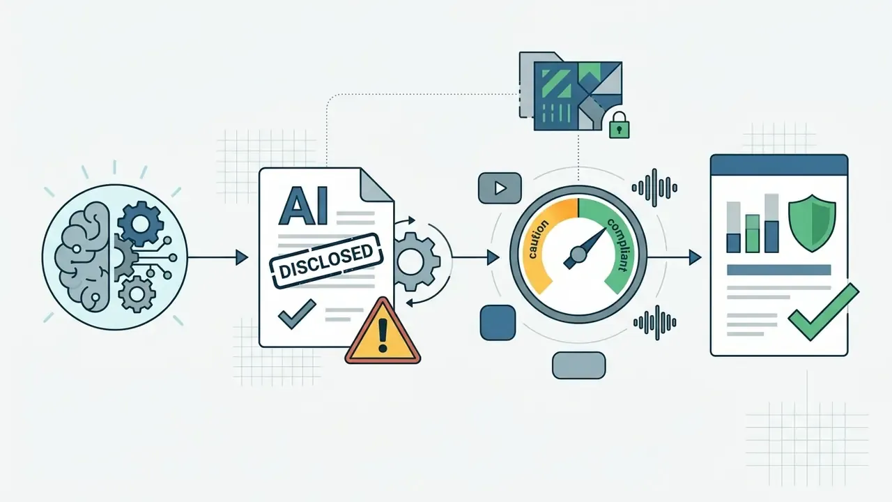 Brain and gear icon processing a disclosed document through a compliance gauge into a verified report