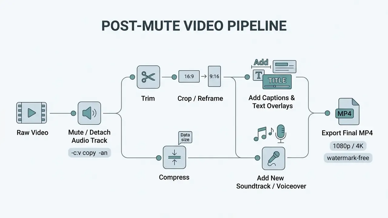 Diagram showing the workflow from raw video to final MP4 export including editing and audio steps