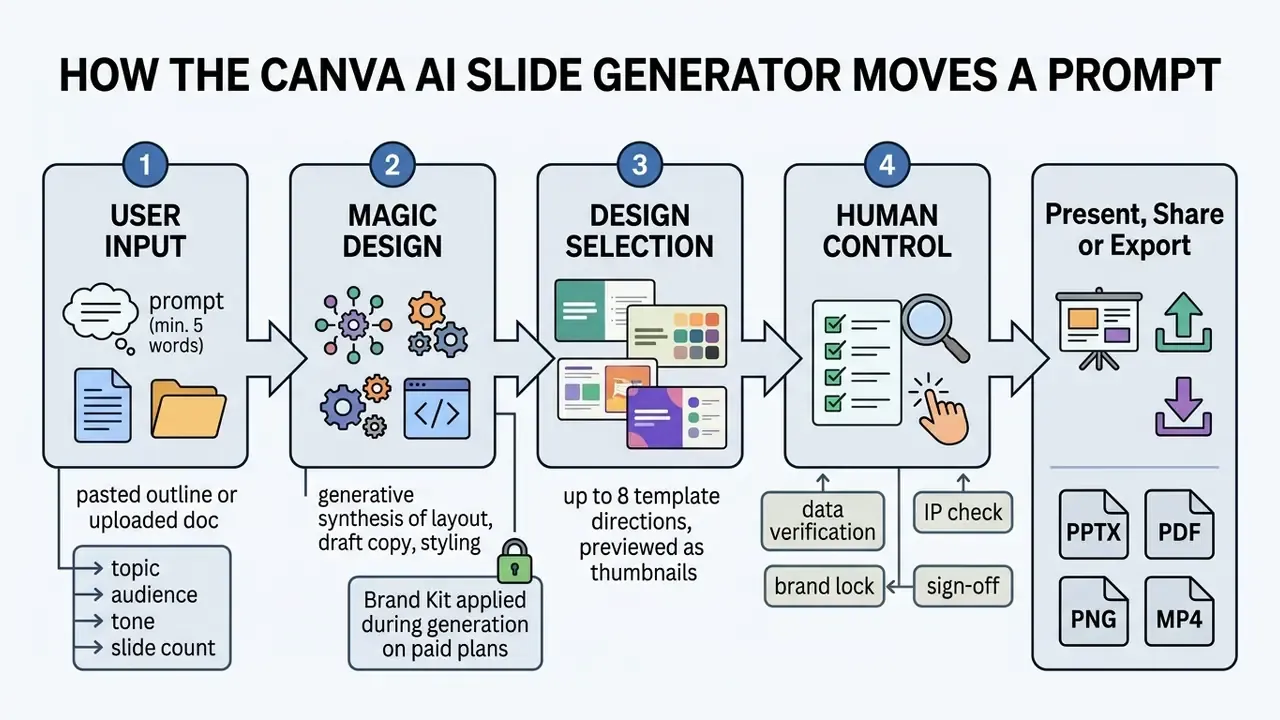 Flowchart showing the Canva AI presentation generator process from user prompt to final export