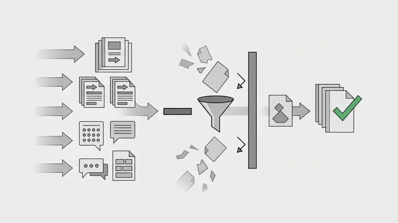 Minus operator filtering text documents and chat bubbles through a funnel to isolate specific results