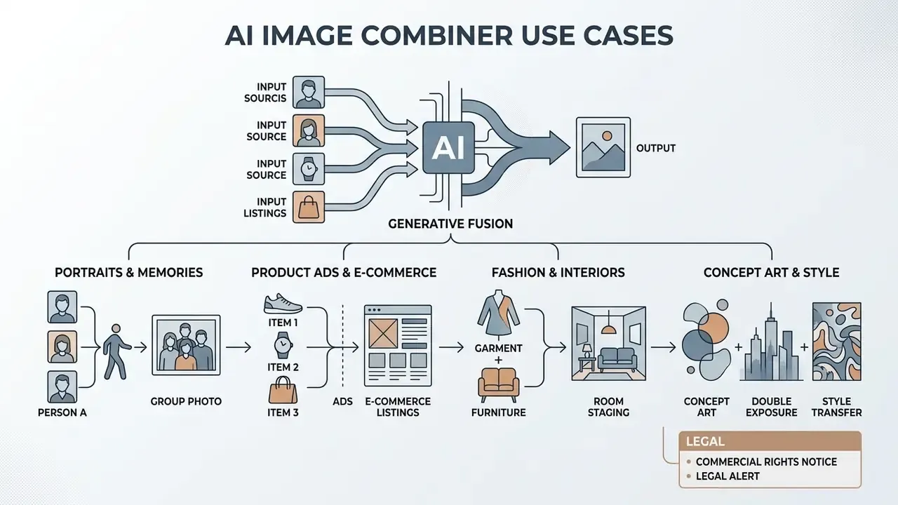 Diagram showing generative fusion applications for portraits, e-commerce, interior staging, and concept art