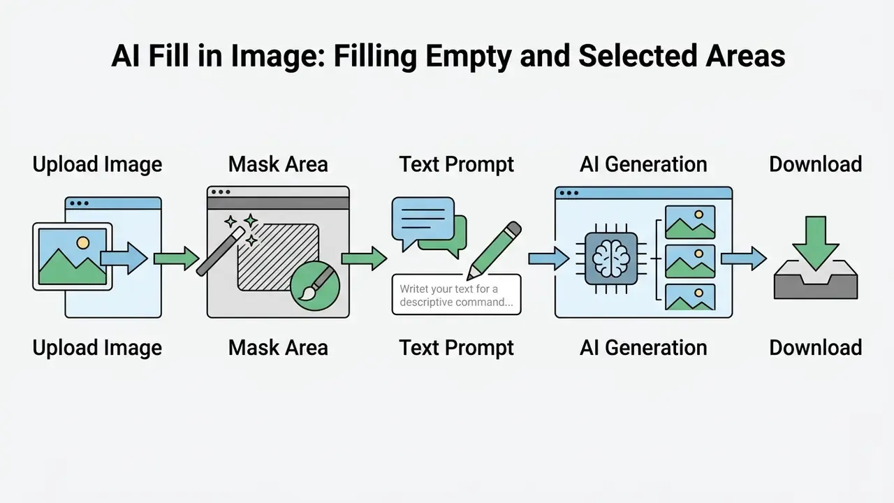 Five-step workflow for AI fill in image featuring upload, masking, text prompting, generation, and download