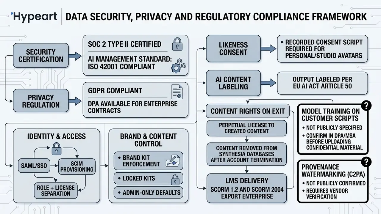 Flowchart detailing security, privacy, and compliance standards for the synthesia ai video generator