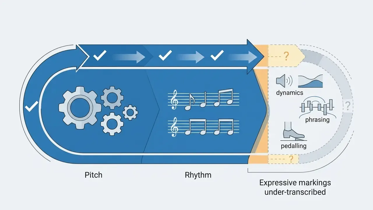 Process arrow showing successful pitch and rhythm transcription followed by uncertain expressive markings
