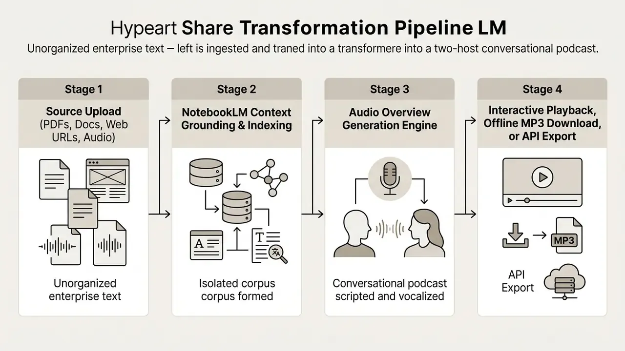 Four-stage process diagram showing source material ingestion, indexing, and conversion into audio