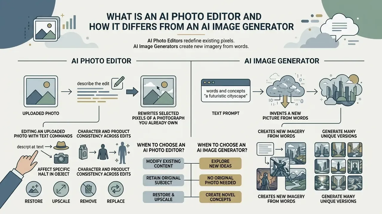 Infographic comparing AI photo editor pixel manipulation to AI image generator creation from text prompts