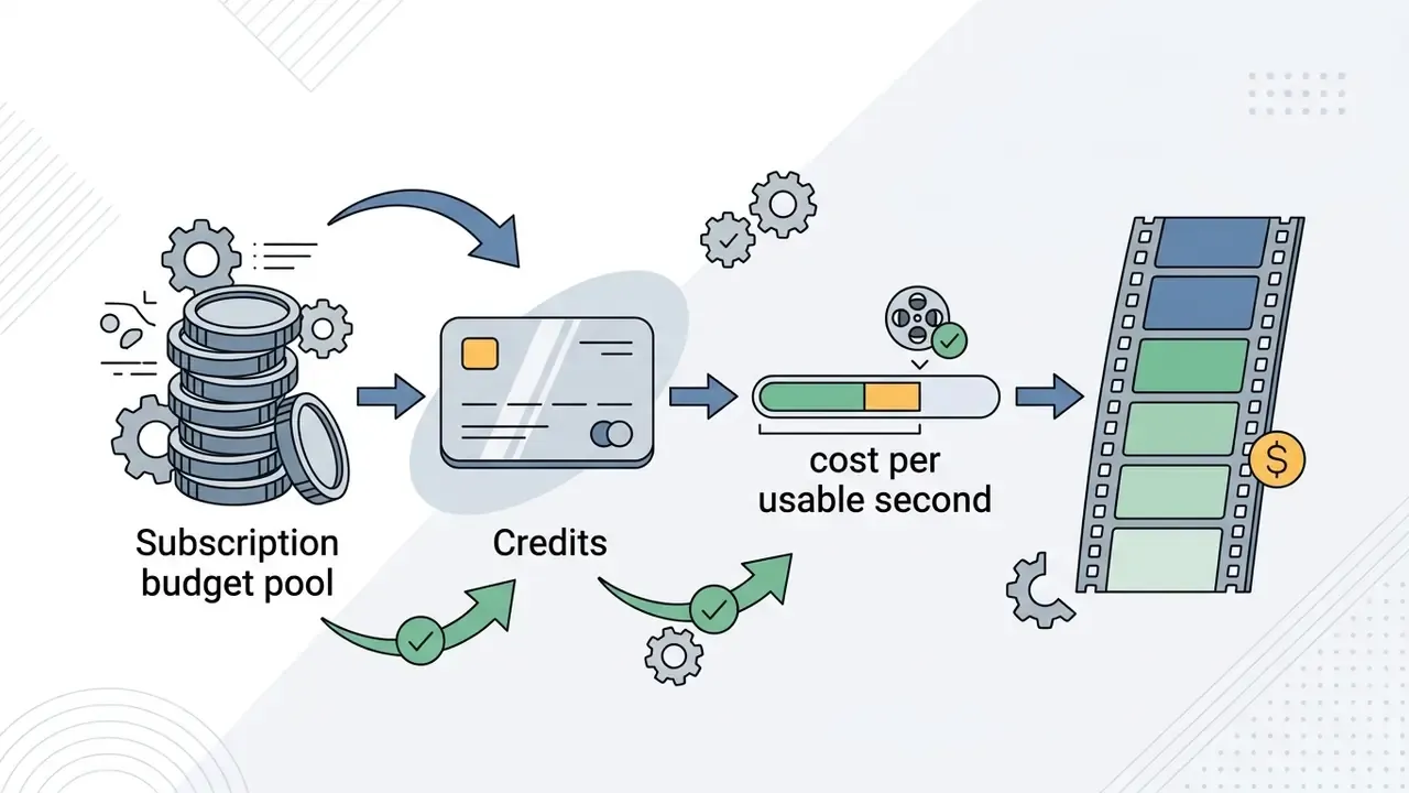 Process flow converting a subscription budget into credits and a cost per usable second for AI video tools