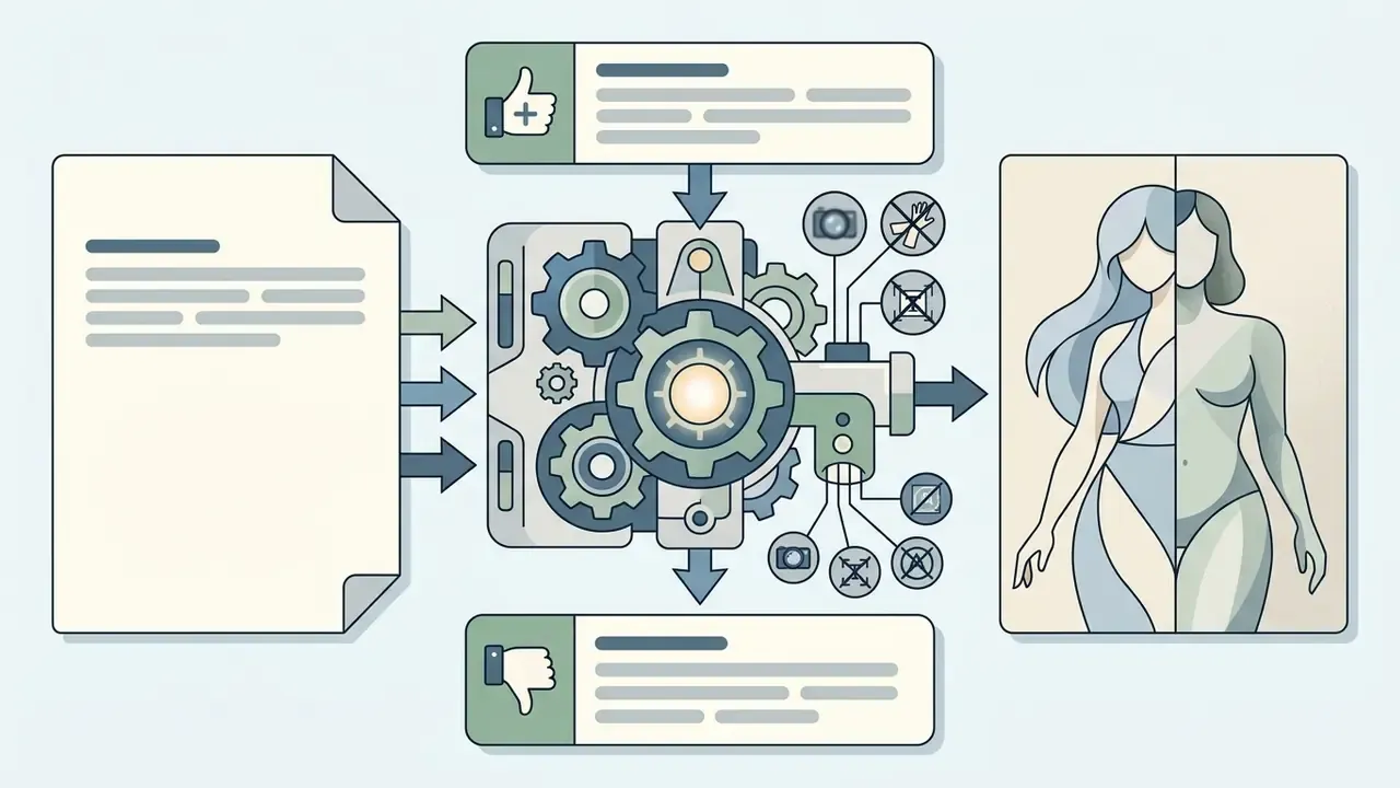 Conceptual graphic showing text input processed by a gear mechanism into an ai art cute girl portrait