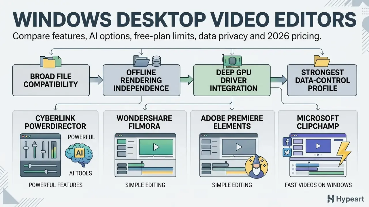 Diagram mapping technical advantages of video editing software to specific desktop applications