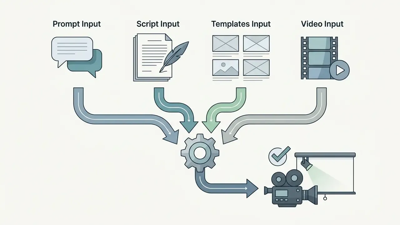 Four distinct input icons feeding into a central gear mechanism that outputs to a camera and screen