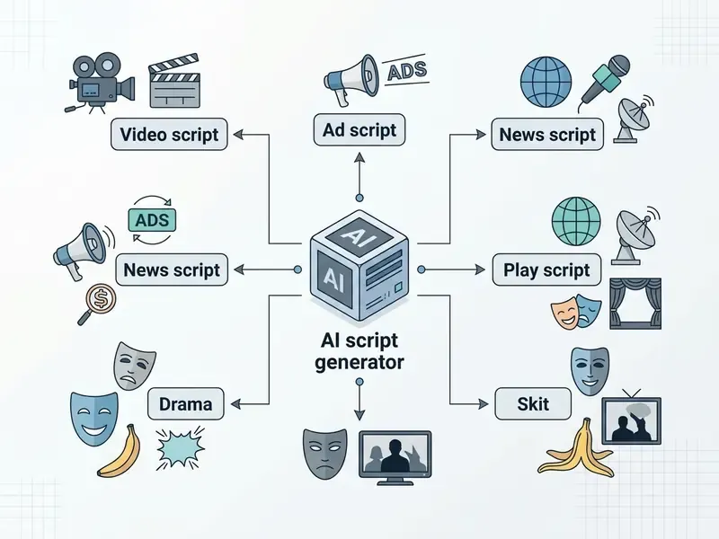 Diagram showing various ai script generator formats including video, ad, news, play, drama, and skit scripts