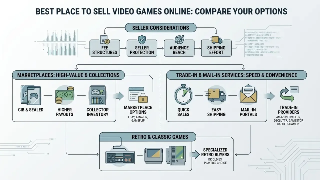 Diagram categorizing online video game selling methods into marketplaces, trade-in services, and retro buyers