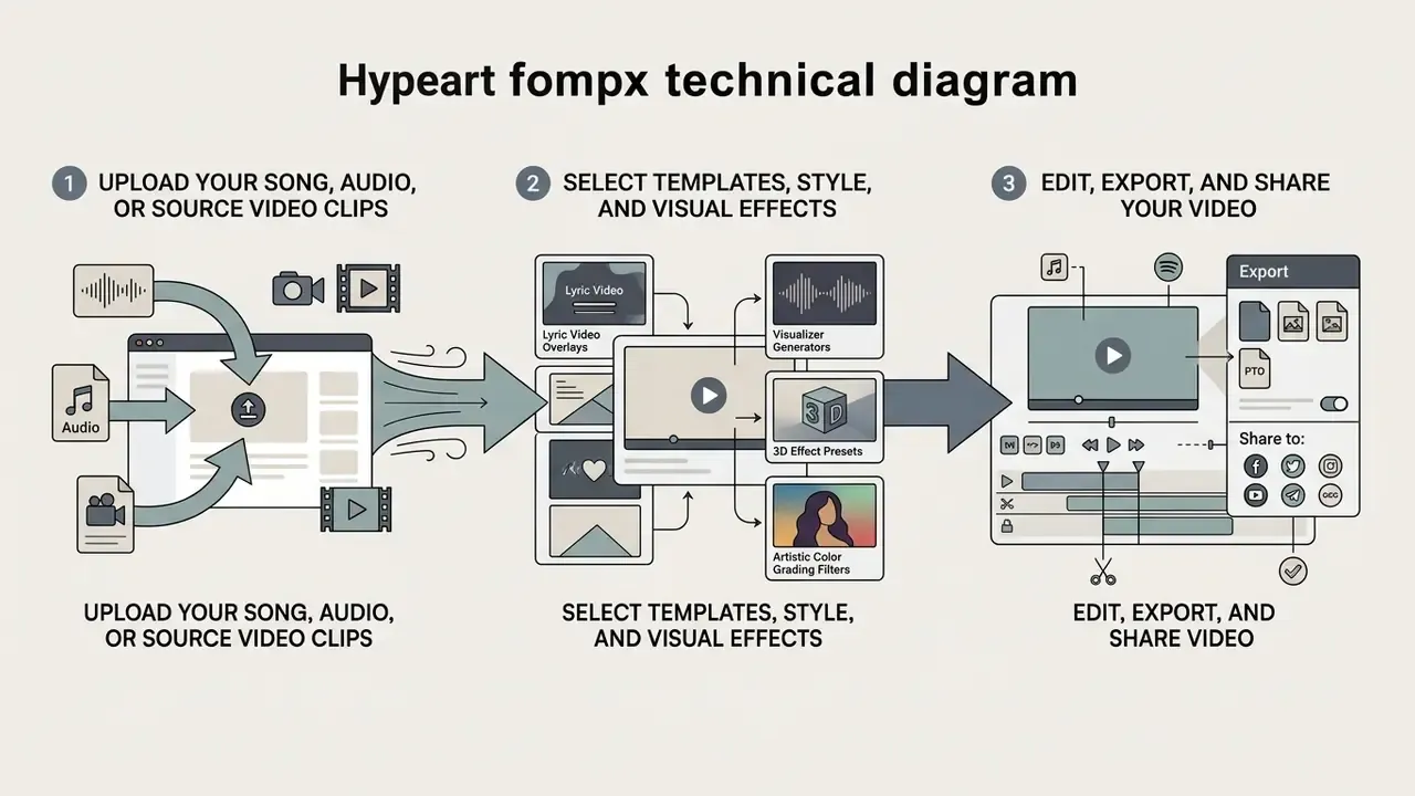 Three-step process showing media upload, template and effect selection, and final video export and sharing